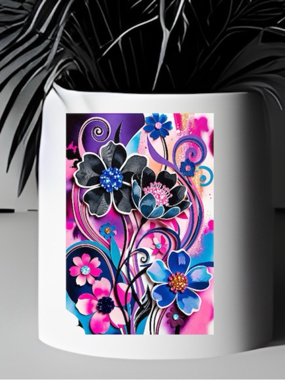 Colorful Floral Ceramic Vase Sticker — Blue & Pink Blooms